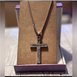 Stainless Steel Silver Cross Necklace with Christian Bible Verse Psalm 46:10